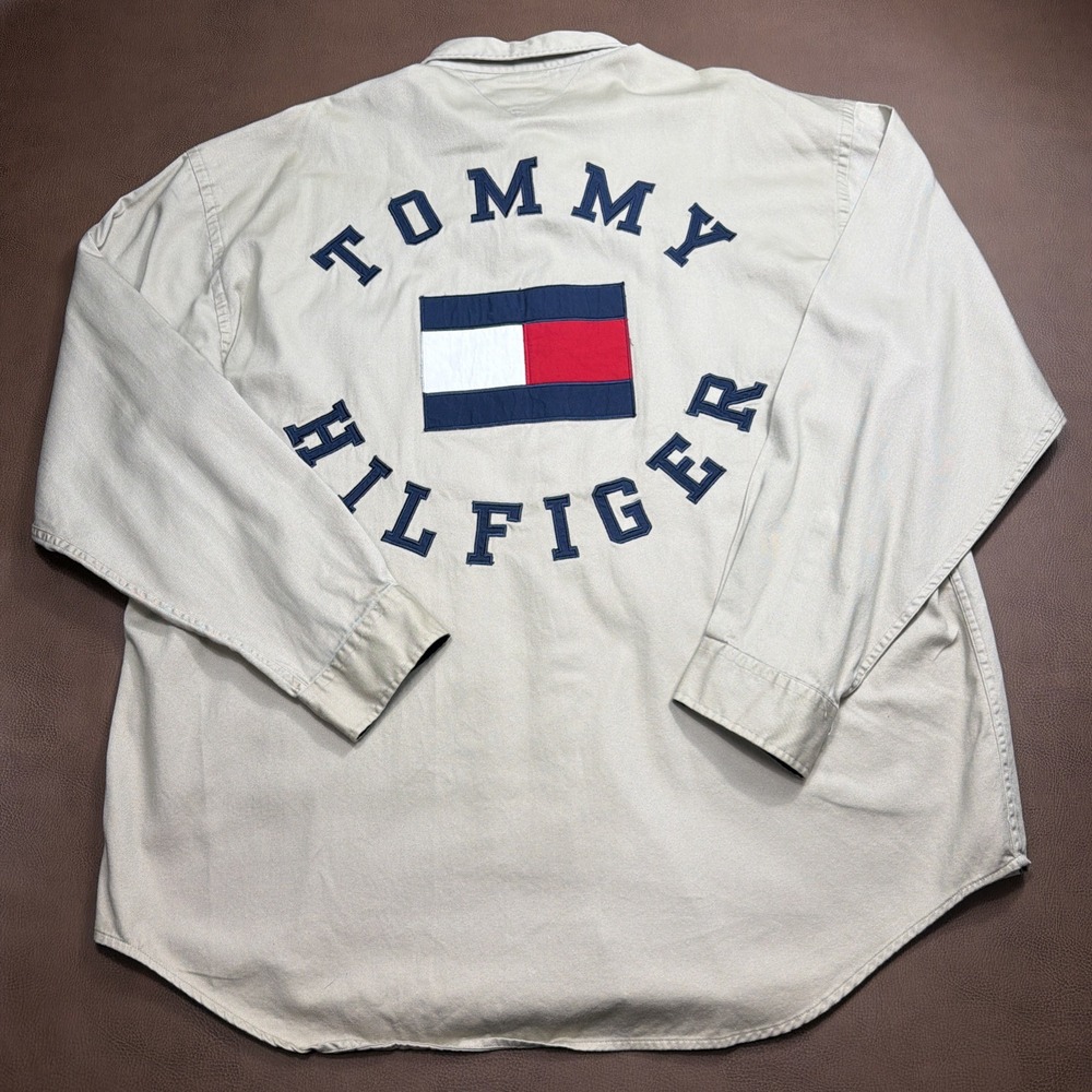 Vintage Tommy Hilfiger Mens Shirt Size XXL Khaki Spell Out Logo Flag Button Down